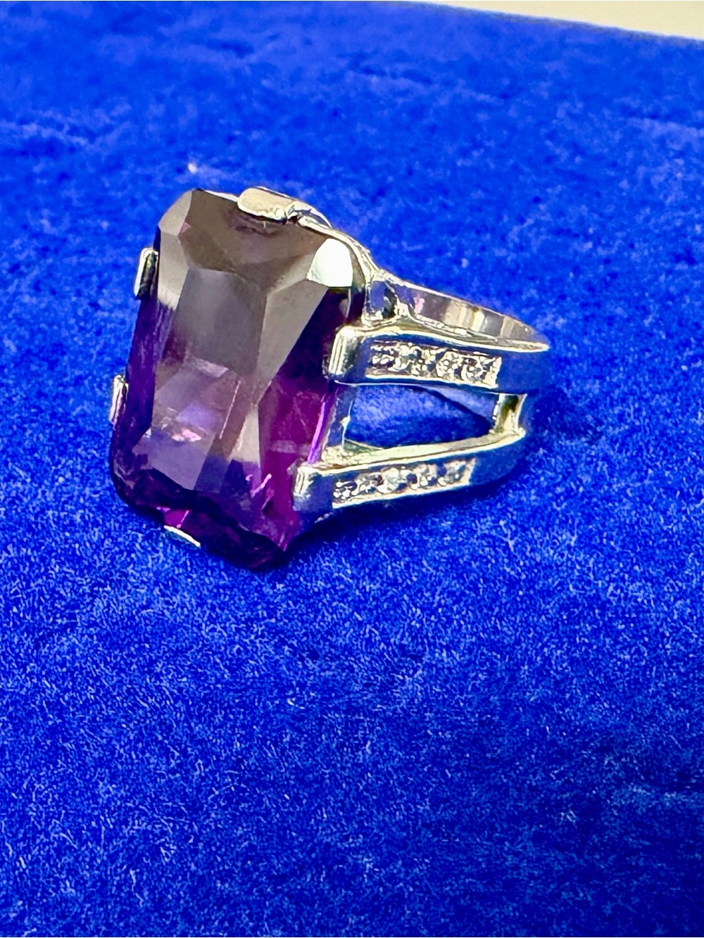 925 Sterling Silver Ring with Large Purple Synthetic Amethyst and Pavé Accents